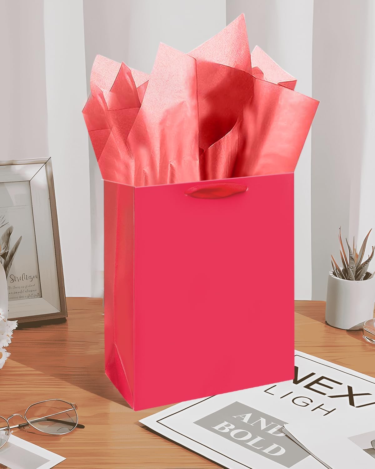Gcardist Wine Red Gift Bags with Tissue Paper for Wedding, Birthday, Party Supplies-7.9"x4.3"x9.6" Medium Size Cardboard Gift Bags(5pcs Bags +10pcs Tissue Paper )
