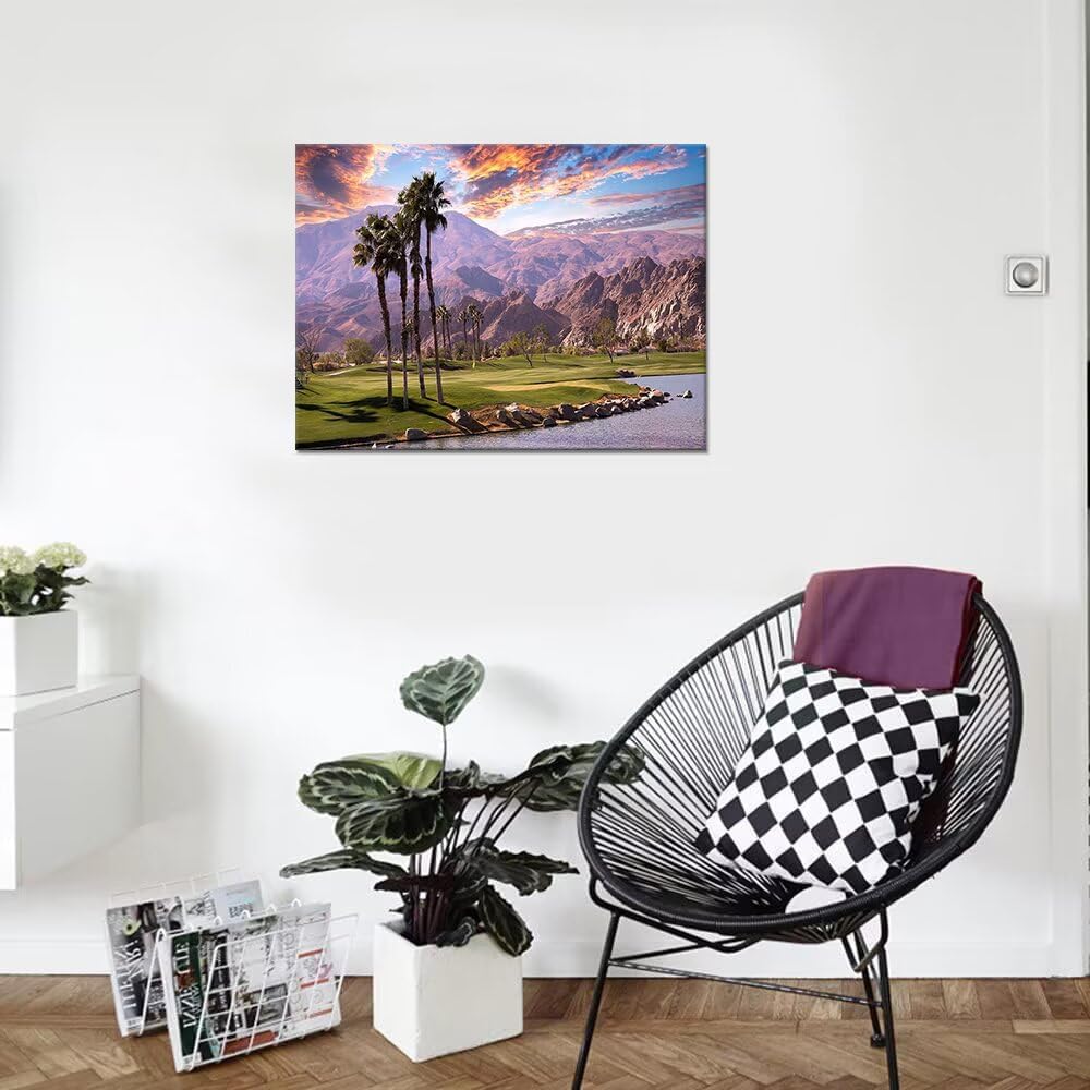HJY Art USA California Golf Course Wall Art Golf Course Canvas Wall Decor Sunset Landscape Painting Poster for Home Decor Living Room Bedroom Office Club Gym Framed Artwork (18 x 24 inch)