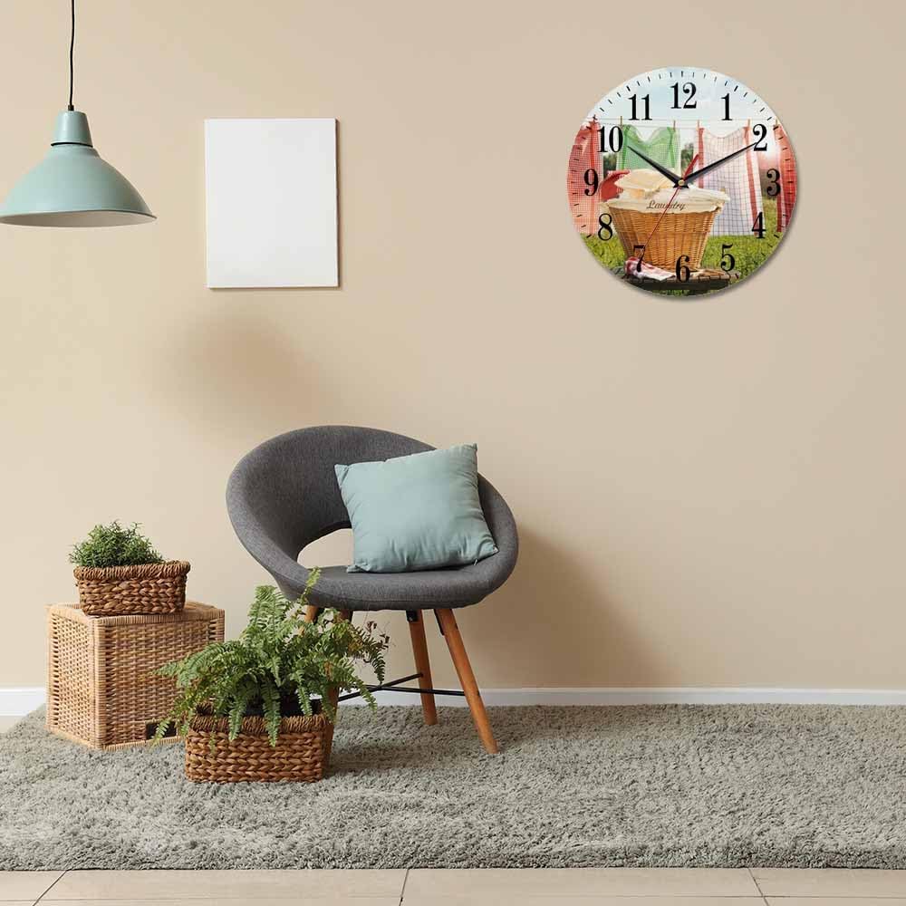 Mxocom Laundry Wall Clock Towels Hang Clothesline Basket Sunny Blue Sky 10 Inch Silent Non Ticking Battery Operated Clock Vintage Round Clock for Living Room Bedroom Bathroom Office Decor
