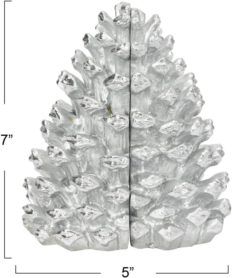 Creative Co-Op Decorative Resin Pinecone Bookends, Silver Finish, Set of 2