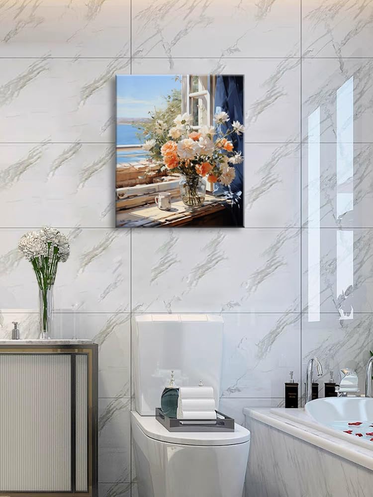 dgbtcart Beach Flowers Bathroom Wall Art Ocean Theme Wall Decor Windowsill Flower Picture Canvas Print Floral Painting Coastal Seascape Artwork for Bedroom Office Decoration 16"x24"inch