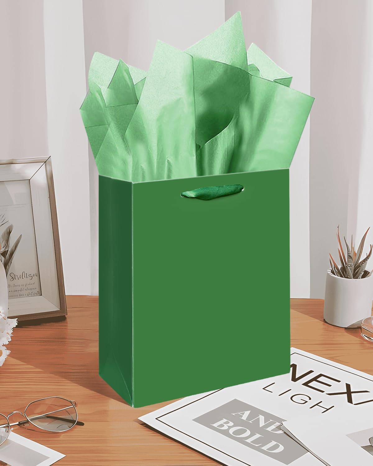 Gcardist Dark Green Gift Bags with Tissue Paper for Wedding, Birthday, Party Supplies-7.9"x4.3"x9.6" Medium Size Cardboard Gift Bags(5pcs Bags +10pcs Tissue Paper )