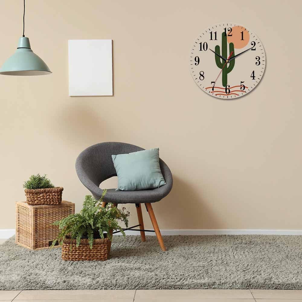 Mxocom Cactus Wall Clock Abstract Green Cacti Desert Wild Tropical Plant 10 Inch Silent Non Ticking Battery Operated Clock Vintage Round Clock for Living Room Bedroom Bathroom Office Decor