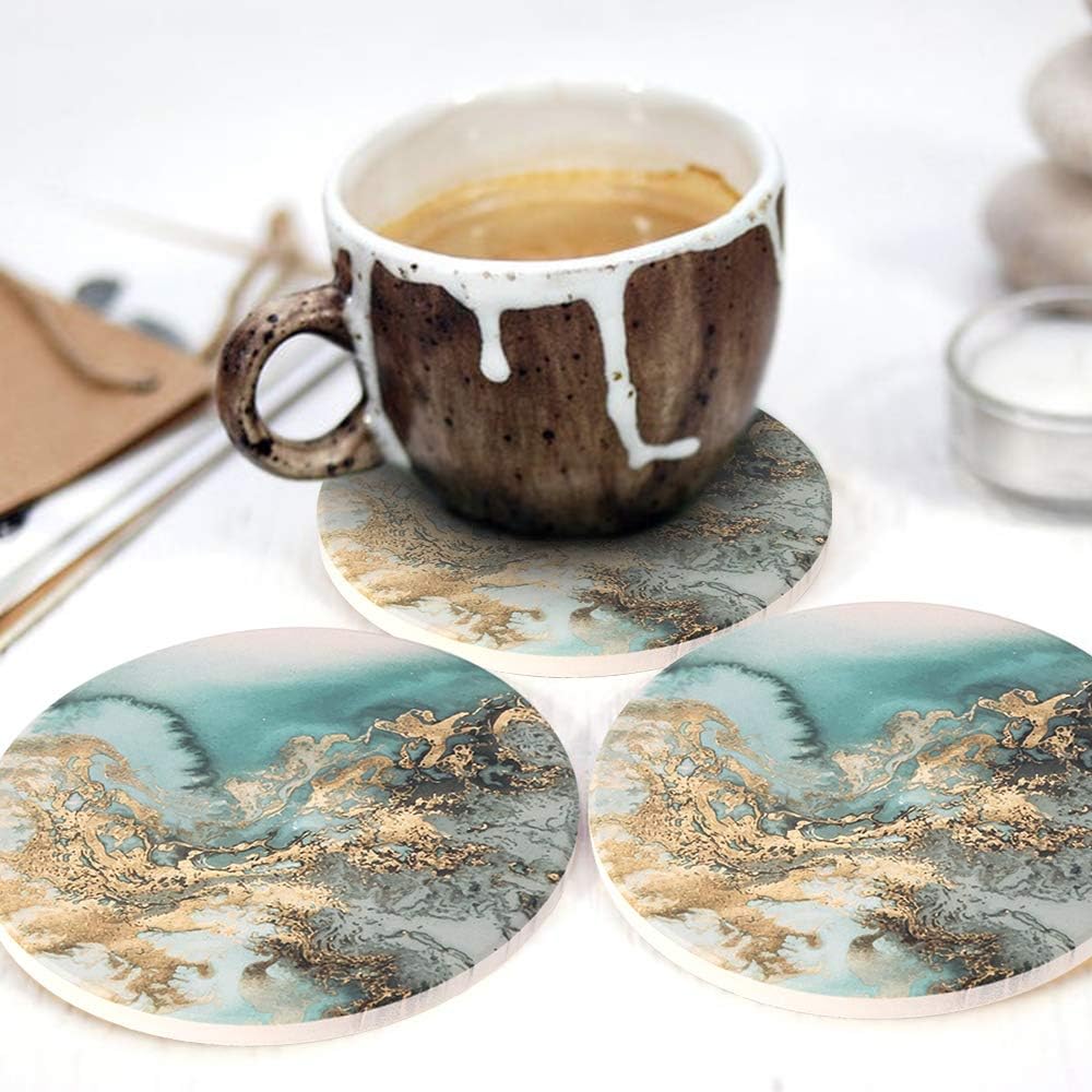 Lahome Marble Pattern Coasters - Round Drinks Absorbent Stone Coaster Set with Ceramic Stone and Cork Base for Kinds of Mugs and Cups (Blue, Set of 6)