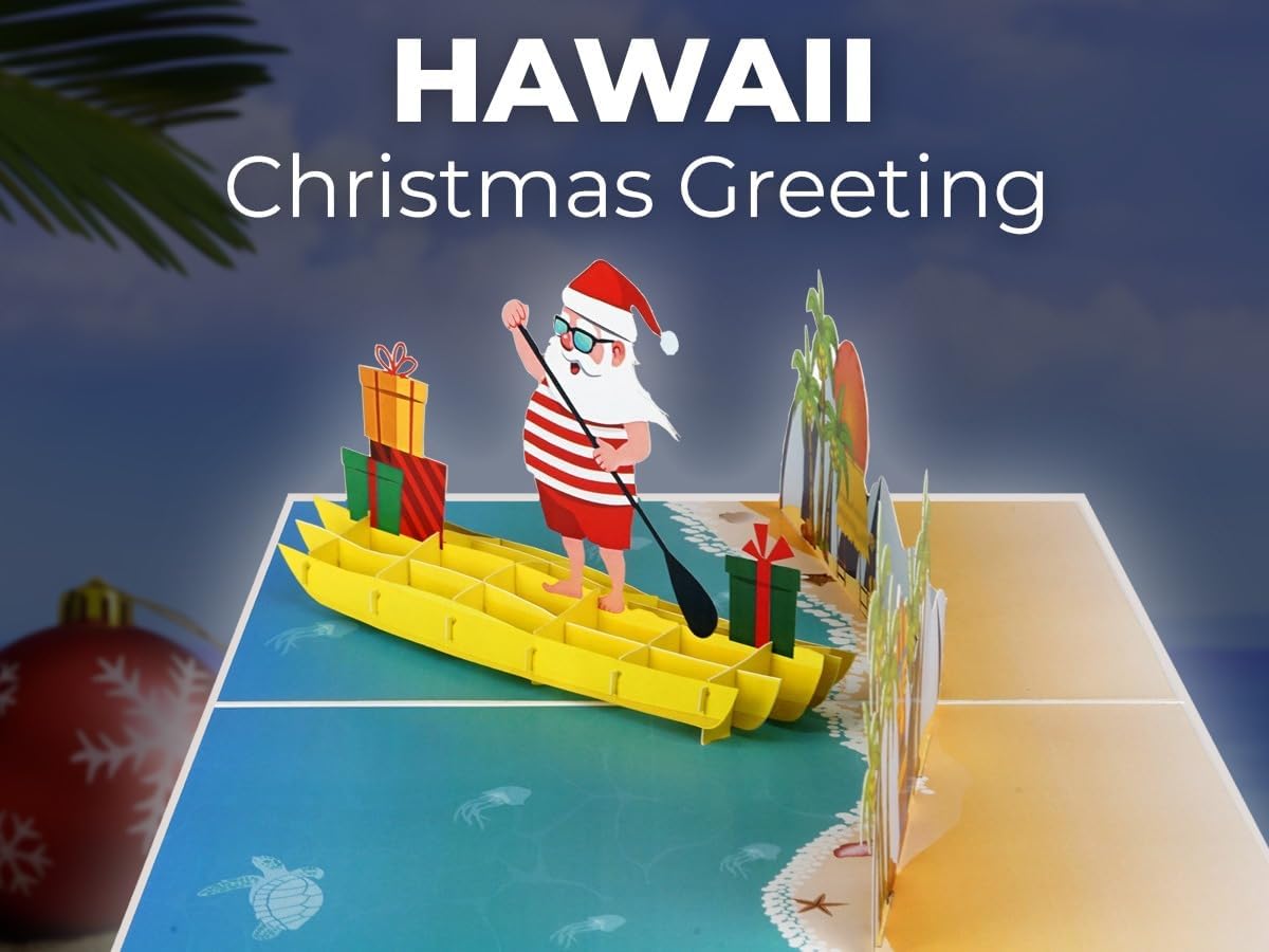 iGifts And Cards Tropical Santa 3D Pop Up Christmas Card - Warm Wishes from Down Under! Funny Beach Holiday Greeting with Santa Rowing a Canoe Full of Gifts ā 6" x 8" with Notecard and Envelope