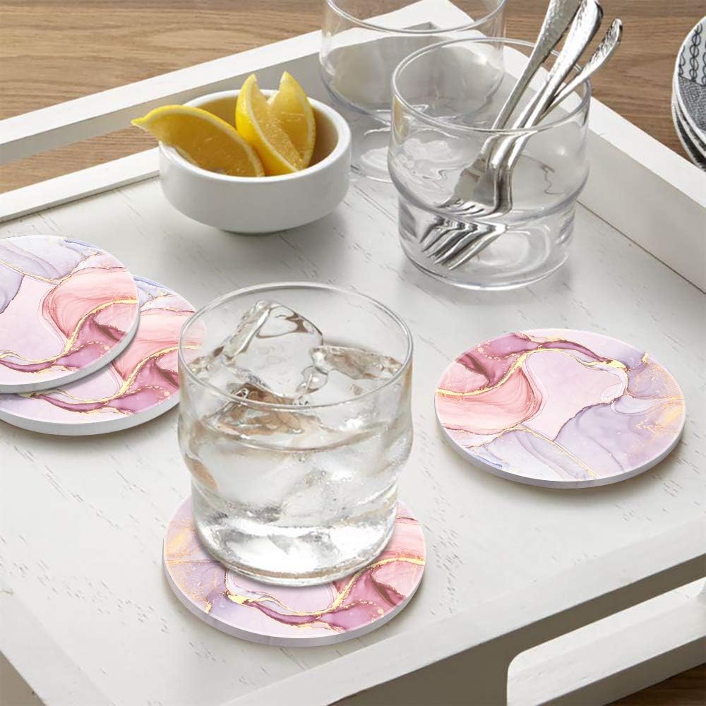 Lahome Marble Style Coasters - Round Drinks Absorbent Stone Coaster Set with Ceramic Stone and Cork Base for Kinds of Mugs and Cups (Lavender, 4)