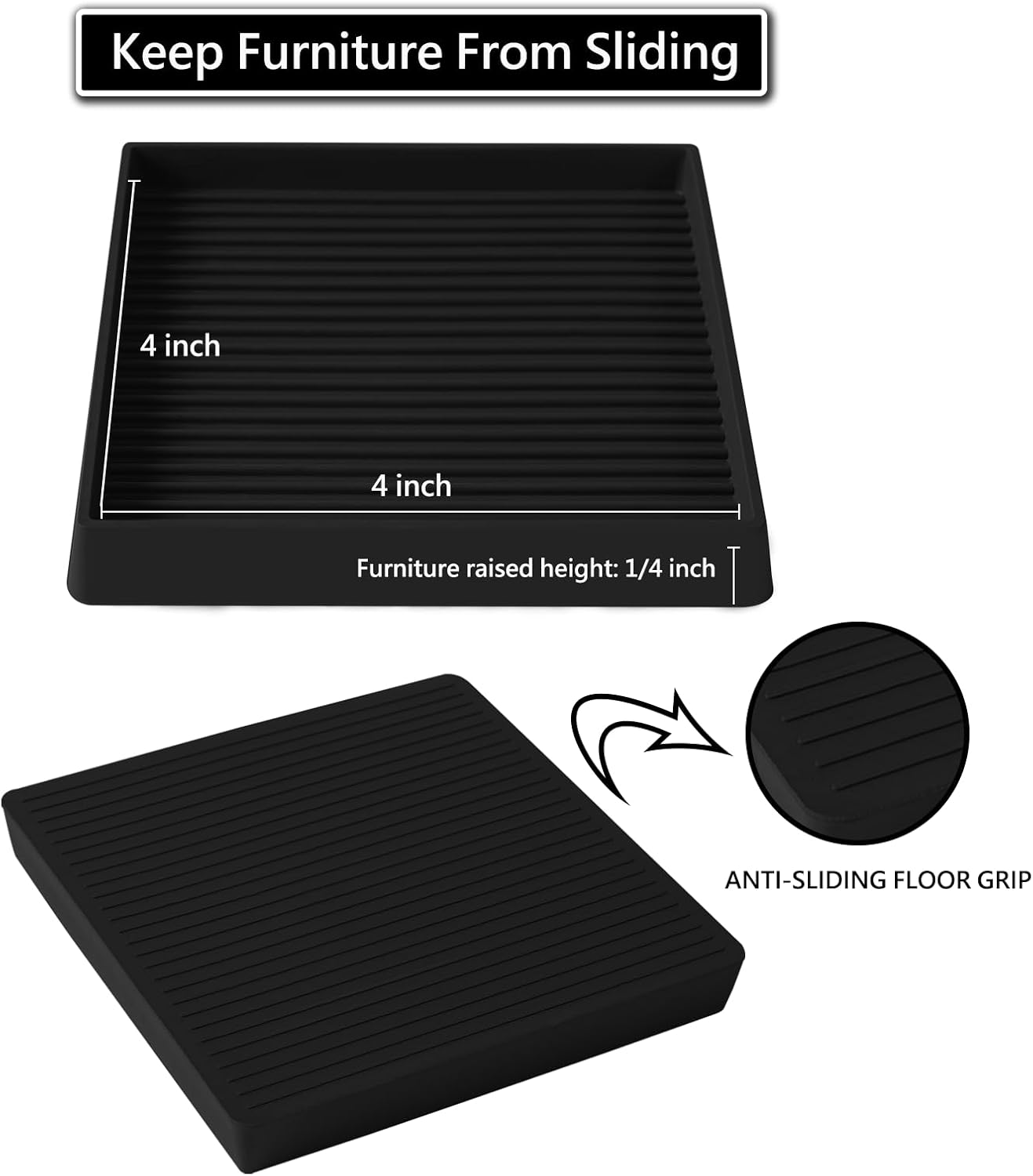 4x4 Square Rubber Furniture Caster Cups, Anti-Sliding Furniture Pads Bed Stopper Floor Protectors with Grip - Protect Any Flooring