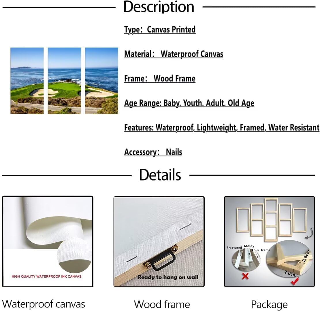 Golf Course Canvas Wall Art for Living Room Bedroom Home Decorations USA California Golf Course Pictures Posters Framed Artwork Canvas Prints Ready to Hang(20''W x 40''H x3)