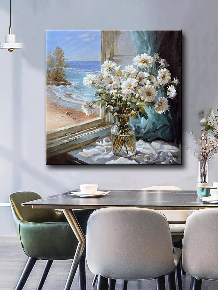 Bathroom Wall Decor White Flowers Canvas Wall Art Print Blue Beach Picture Ocean Modern Poster Coastal Seascape Painting Floral Daisy Artwork for Office Bedroom 20"x20"