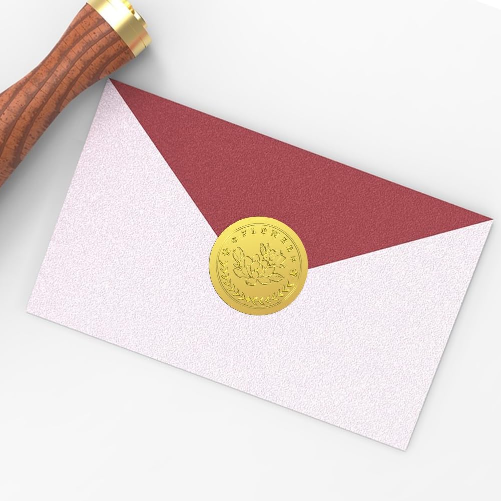 Peacoblue Gold Foil Stickers Seals Embossed 2 Inch 100Pcs Magnolia, Self Adhesive Gold Around Embossing Sticker for Certificate Paper Envelope Seal Gift Card Present Decoration