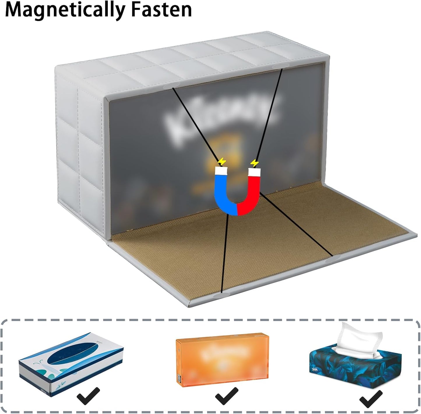 Tissue Box Cover Rectangle Tissue Box Holder PU Leather Facial Organizer with Magnetic Bottom,Decorative Napkin Caddy for Vanity Dresser Night Stand Table Countertop Home Office Car,White