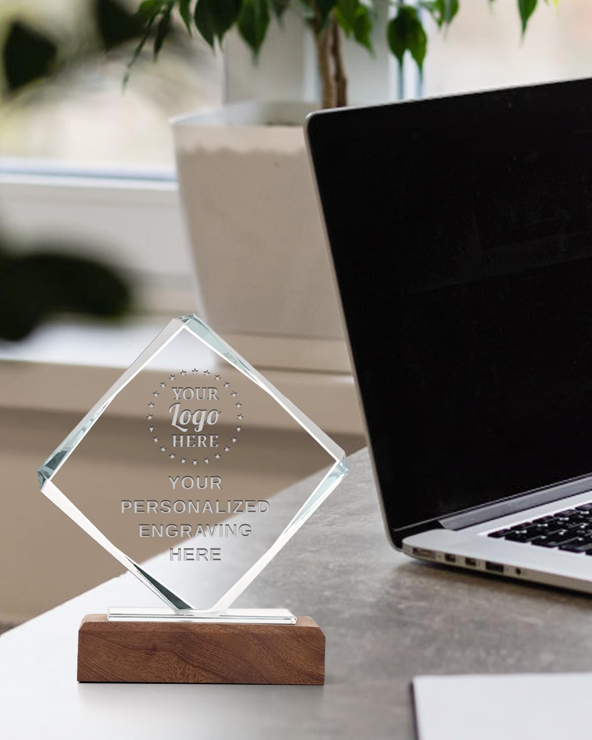 Personalized Crystal Trophy Award with Solid Wood Base - Custom Engraved Plaques for Employee Recognition, Sports Trophies, Thanks Gifts