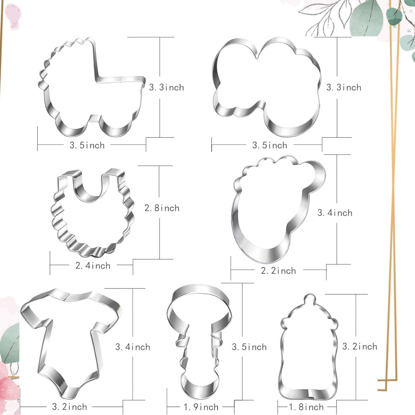 Baby Shower Cookie Cutter Set-7 Piece Onesie, Bib, Rattle, Bottle, Carriage, Foot and Word Biscuit Cookie Cutters Fondant Molds for Baby Shower Birthday Party