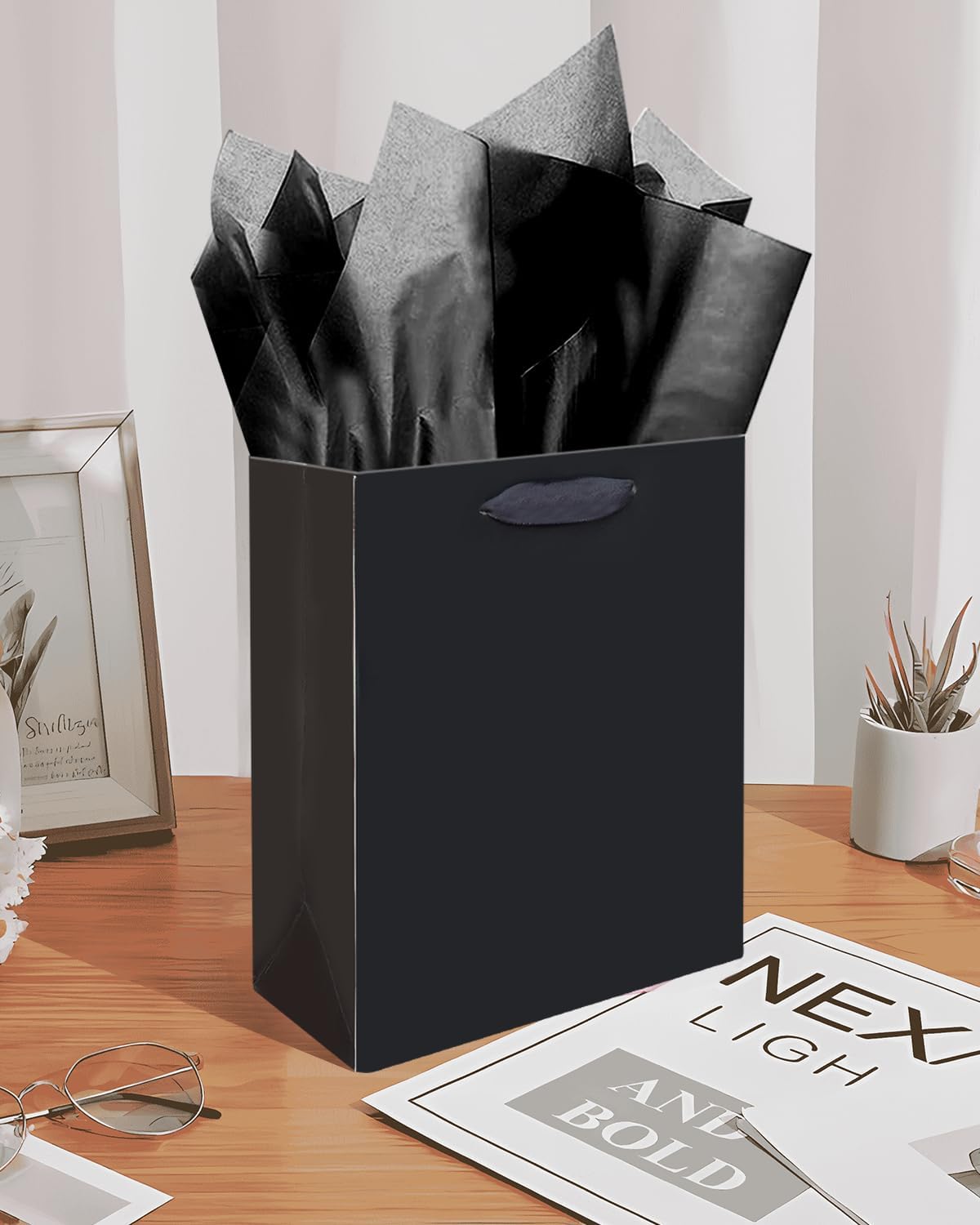 Gcardist Deep Black Gift Bags with Tissue Paper for Wedding, Birthday, Party Supplies-7.9"x4.3"x9.6" Medium Size Cardboard Gift Bags(5pcs Bags +10pcs Tissue Paper )