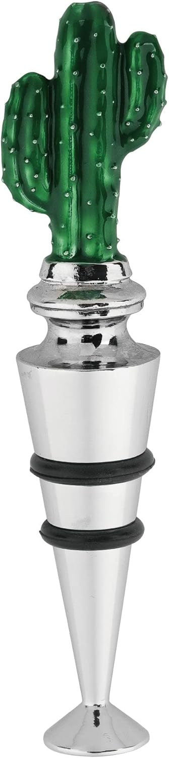 Supreme Housewares Cactus-Shaped Zinc Alloy Wine Bottle Stopper - Reusable Beverage Preserver for Wine, Champagne, and Sparkling Drinks - Silver and Green, 4.38 Inch Tall