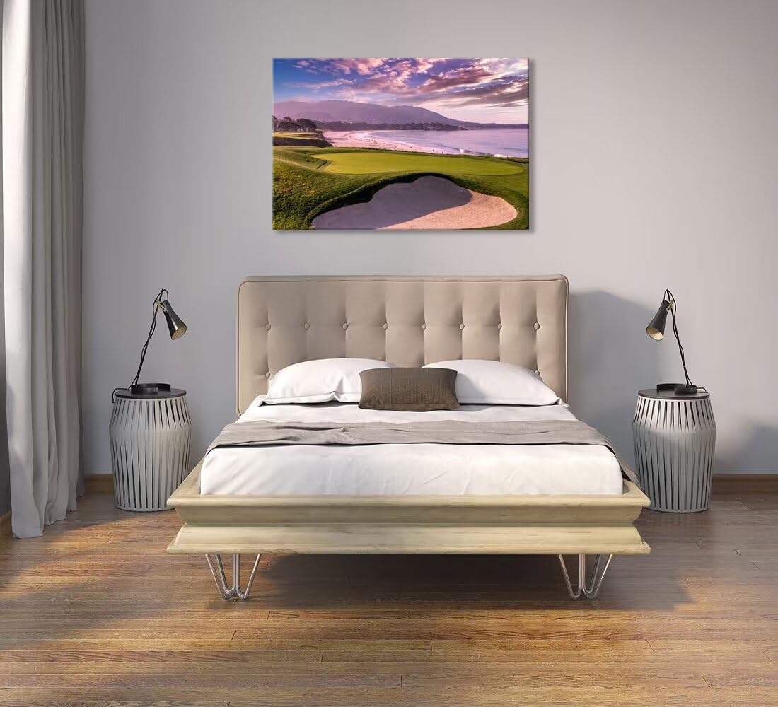 Pebble Beach Golf Course 9th Hole Wall Art for Living Room Bedroom Bathroom Home Decorations Monterey California USA Golf Course Picture Poster Canvas Prints Framed Ready to Hang(18''H x 24''W)