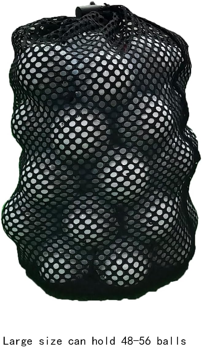 Black Golf Ball Bag - Large Size Holds 48-56 Balls, Pocket Style Nylon Mesh With Locking Drawstring Closure, Breathable Netting Carrying Storage Pouch