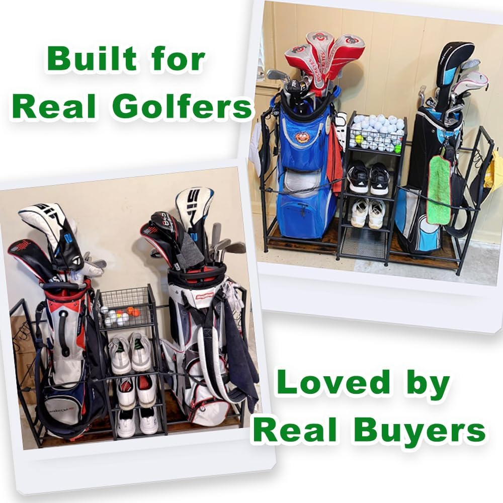 Golf Bag Storage Organizer for Garage Organization, Golf Bag Stand for Golf Bag Accessories, Spacious Golf Rack for Golf Clubs & Golf Essentials, Ideal Golf Gifts for Men (Fits 2 Golf Bags)