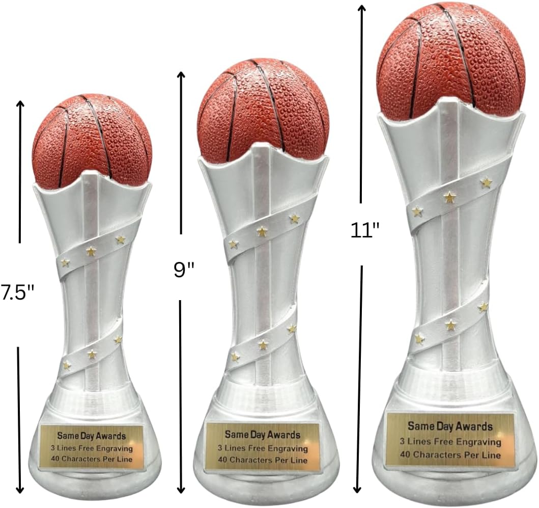 Victory Premium Basketball Trophy – Silver Design with Gold Star Accents and Realistic Ball – Free Custom Engraving Recognition Award for Players Coaches Teams MVPs and Championships