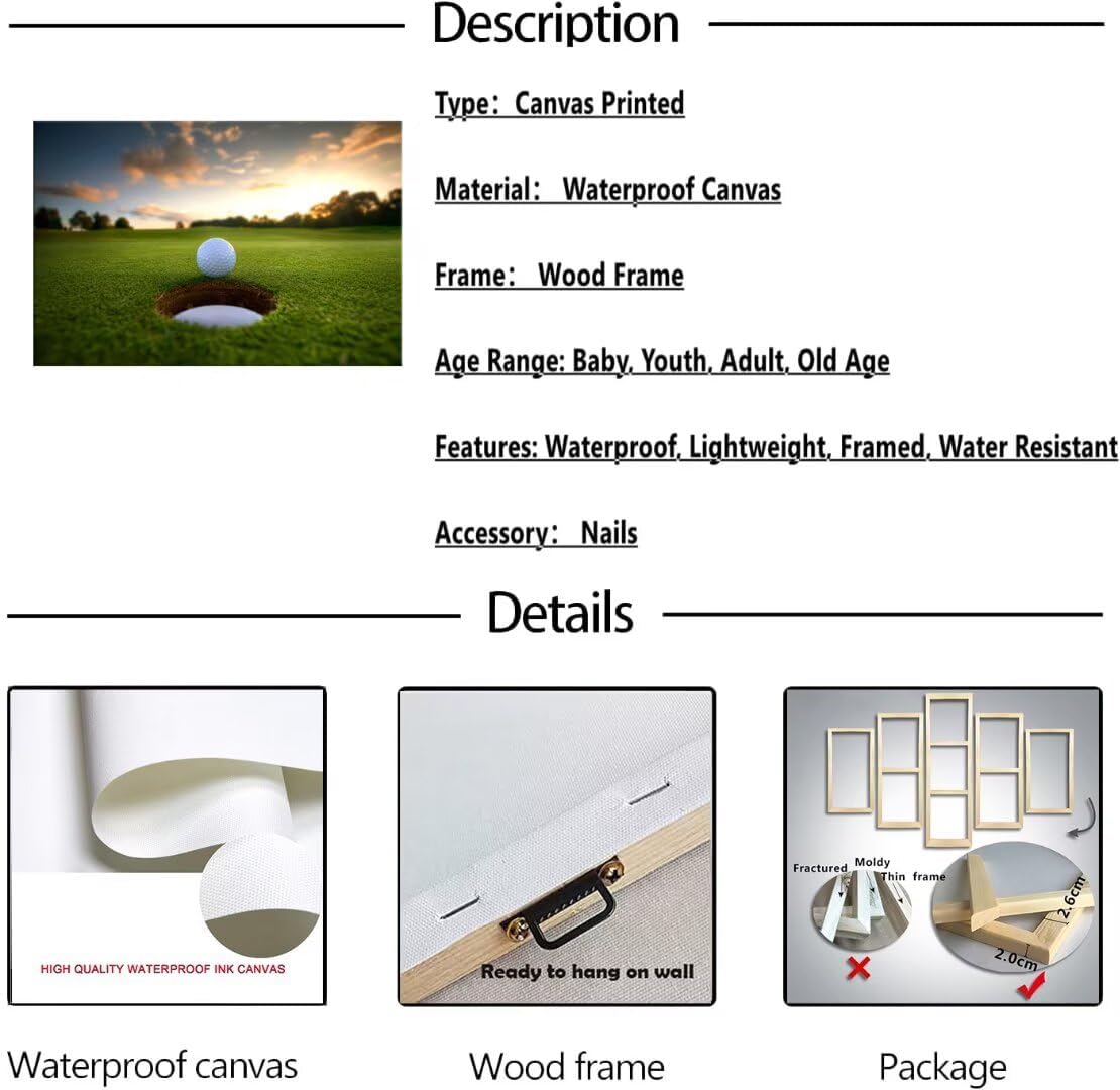 chenchenArt Golf Wall Art for Living Room Bedroom Home Decorations Golf Ball Picture Poster Canvas Prints Modern Artwork Framed Ready to Hang(24''H x 36''W)