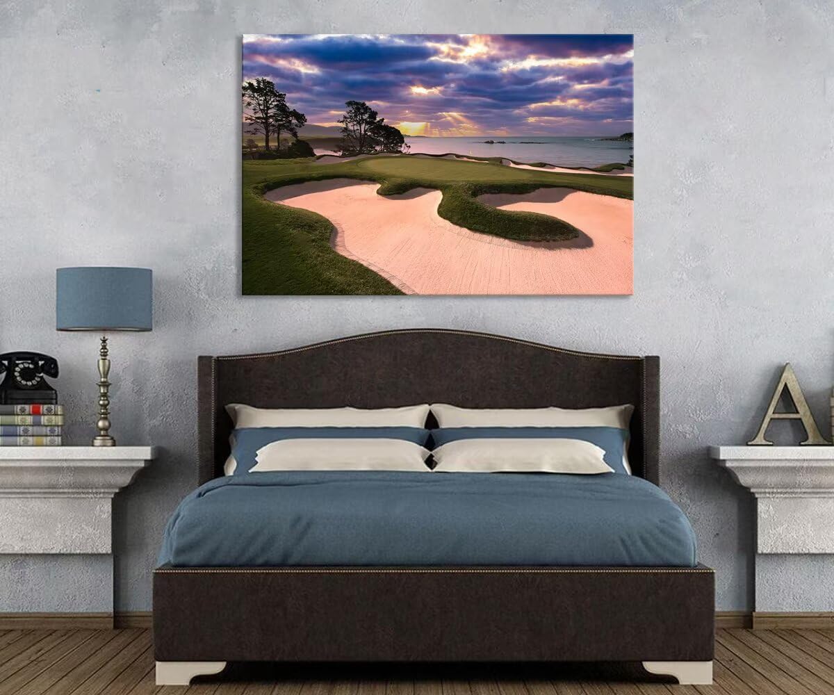 chenchenArt Pebble Beach Golf Course Wall Art for Living Room Bedroom Bathroom Home Decorations Golf Course Picture Poster Wall Decor for Office Canvas Prints Framed Ready to Hang(12''H x 16''W)