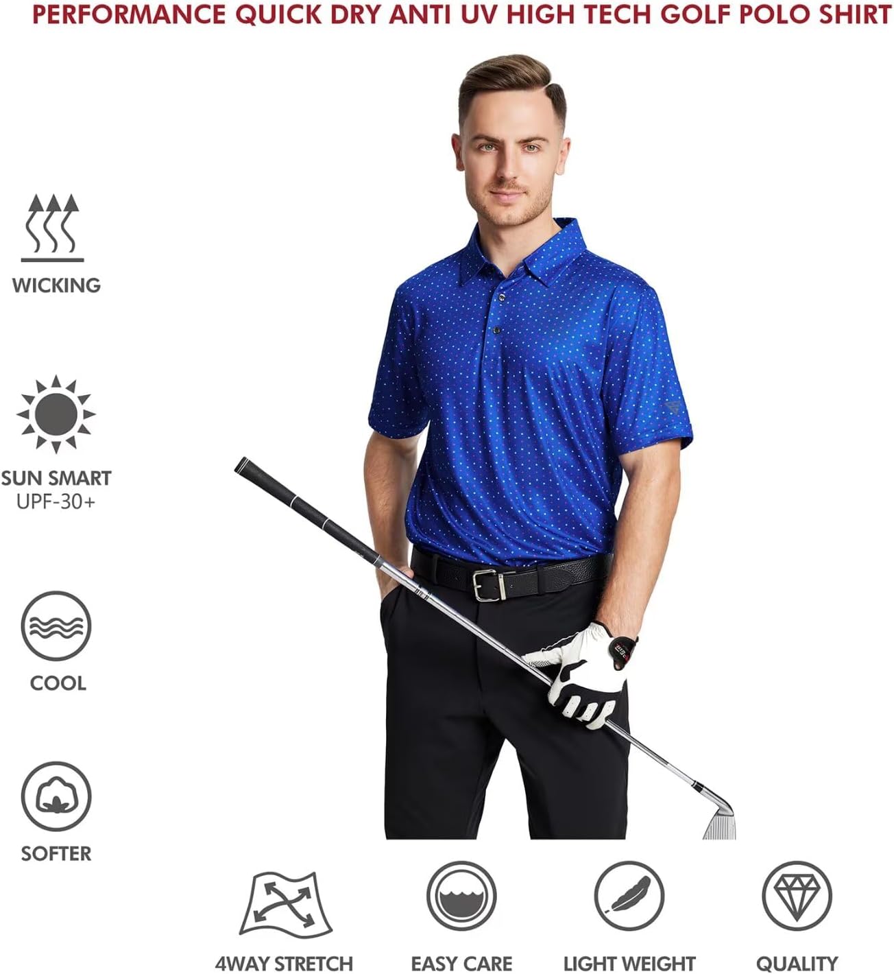 Golf Shirts for Men Dry Fit Short Sleeve Print Performance Moisture Wicking Polo Shirt