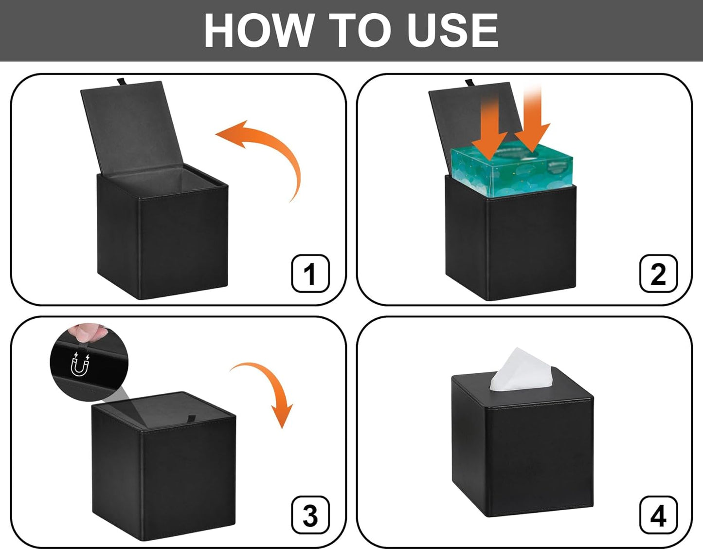 Tissue Box Cover Square PU Leather Facial Tissue Box Holder for Dresser Bathroom Decor (Black)