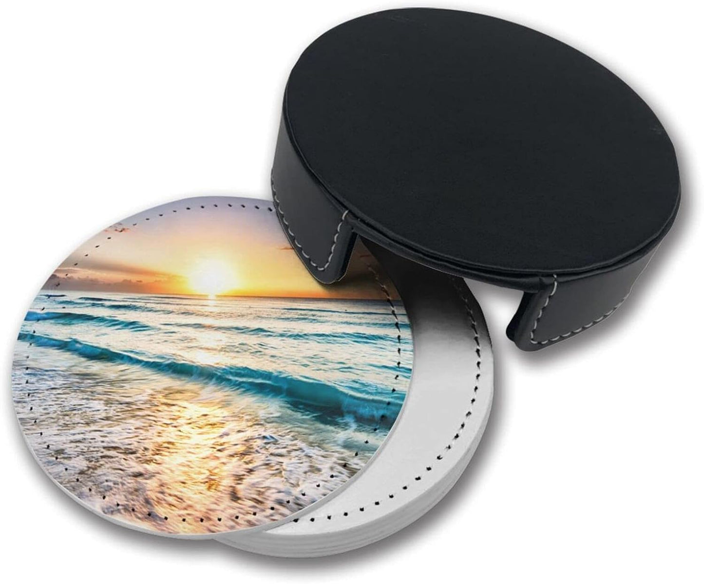 Ocean Theme Sand Beach Wave Sea Water Pattern Leather Drinks Coasters with Holder Set of 6, Suitable for Kinds of Cups