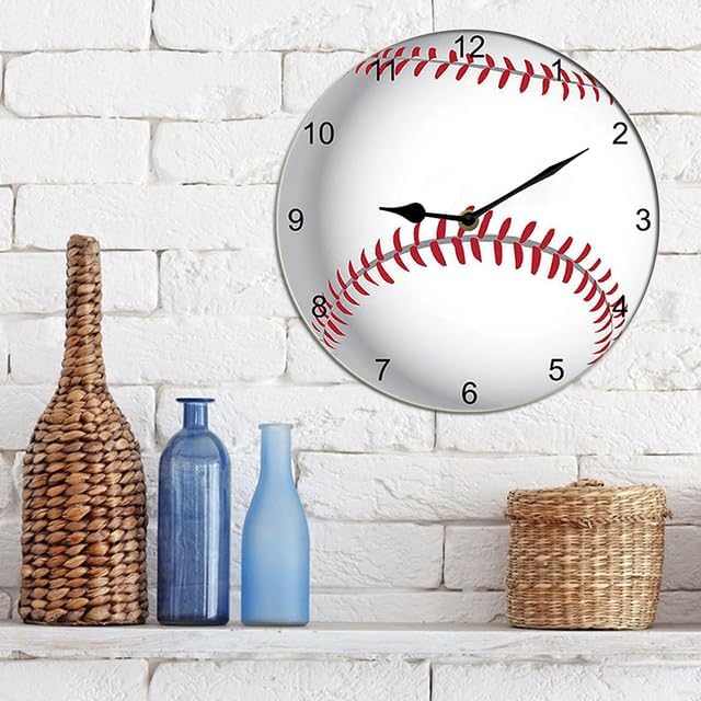 Baseball Wall Clock Sport Ball Wall Clock Wooden Clock Wall Decor Battery Operated Clocks Wall Clock Non Ticking Quartz Analog Bathroom Clock Round 10inch
