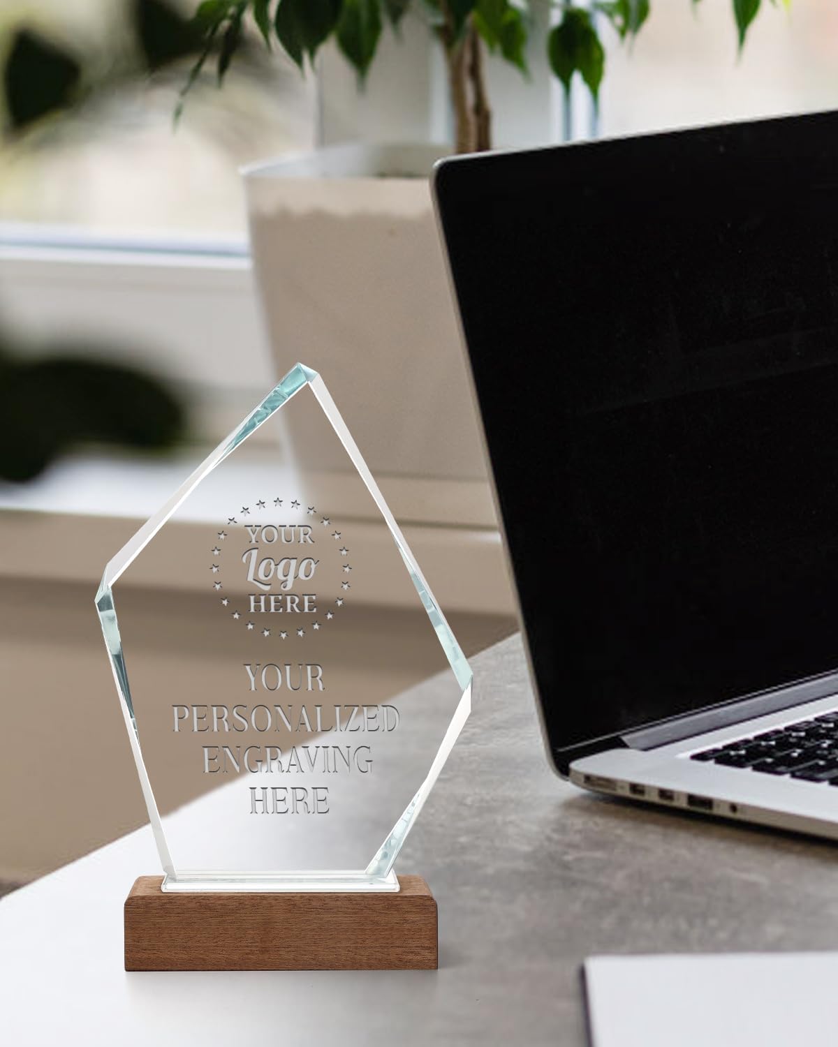 Personalized Crystal Trophy Award with Solid Wood Base - Custom Engraved Plaques for Employee Recognition, Sports Trophies, Thanks Gifts