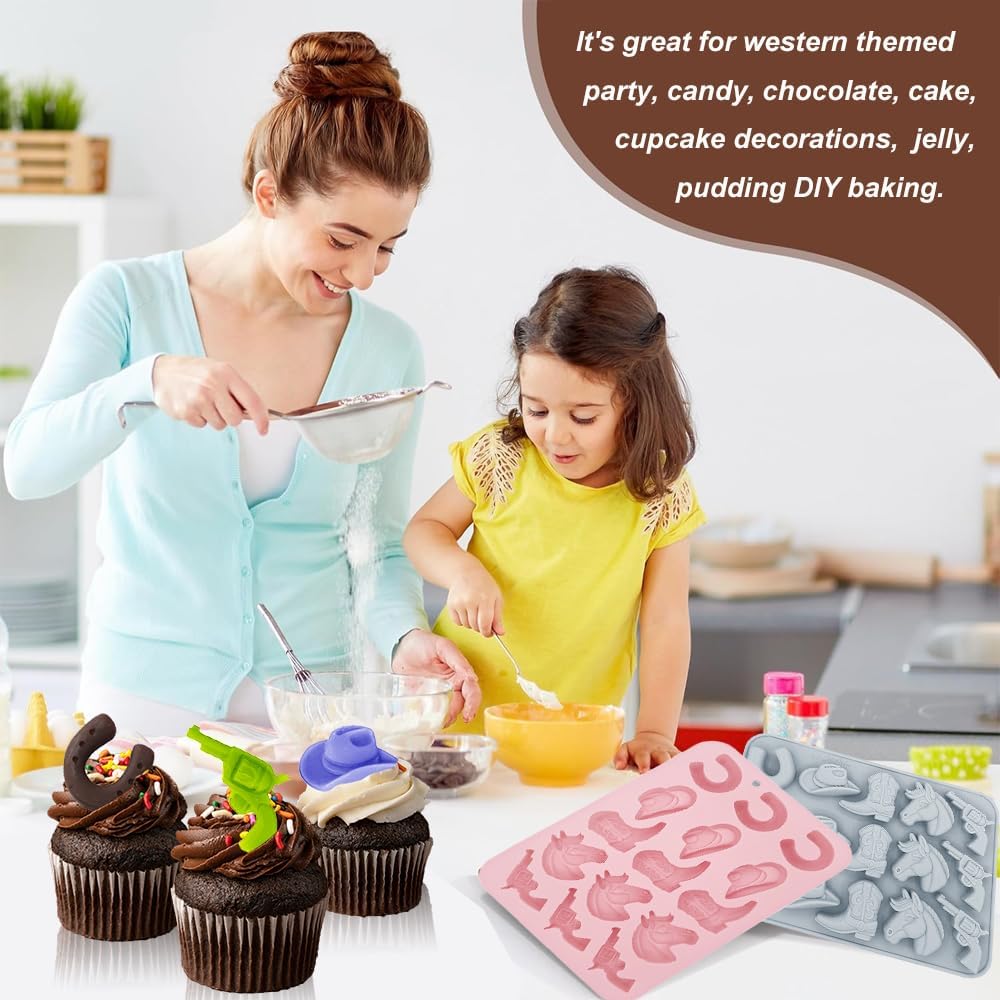 2 Pack Cowboy Chocolate Silicone Molds 3D Western Themed Baking Mould Tray DIY Baking Tool with Cowboy Hat, Boot & Horse for Chocolate Cake Dessert Candy Mousse Pastry Handmade Soap Cupcake Topper