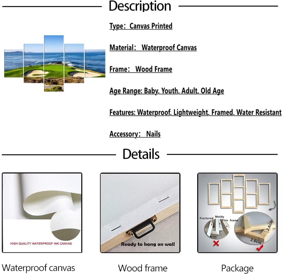 chenchenArt USA California Golf Course Wall Art Picture Golf Course Wall Decor for Living Room Bedroom Home Decorations Golf Artwork Canvas Prints Framed Ready to Hang(60''W x 32''H)