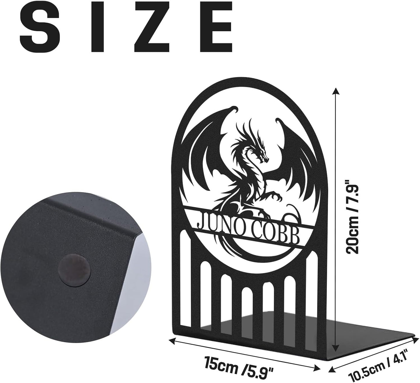 Personalized Dragon Book Ends 2 Pcs, Metal Bookends for Shelves, Custom Heavy Duty Bookends with Name, Dragon Bookshelf Decor, Book Organizer for Desk, Black Book Holders for Home Office