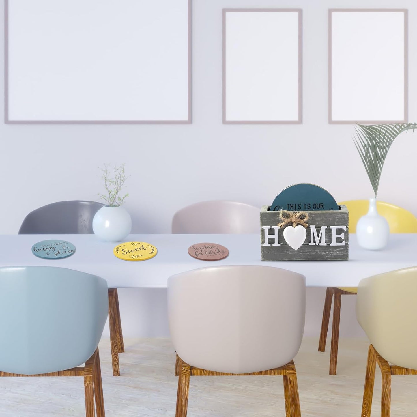 Queekay Housewarming Gifts for Home Decoration Wooden Heart Coasters for Drinks 6 Set Farmhouse Coasters with Holder Funny for Family Coffee Table Protection, 4''(Blue)