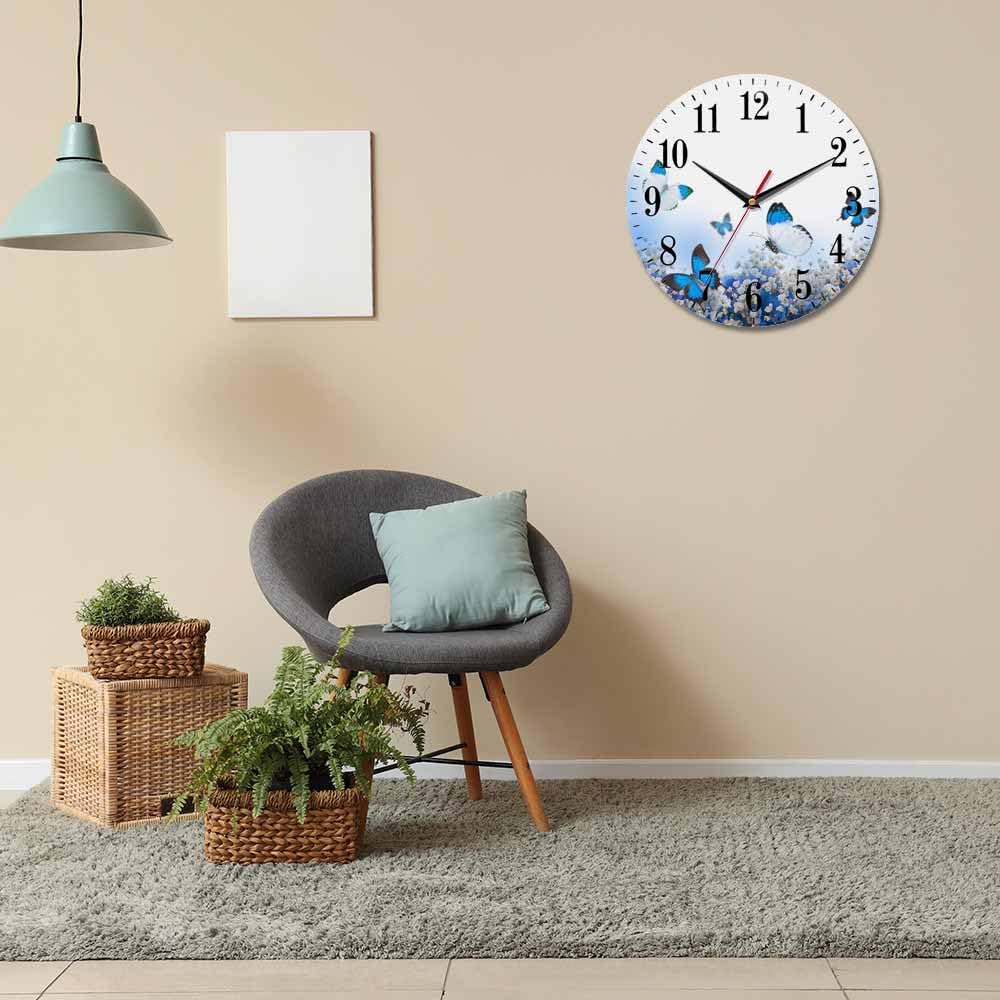 Mxocom Flower Bouquet Wall Clock Butterfly and Blue White Hydrangeas 10 Inch Silent Non Ticking Battery Operated Clock Vintage Round Clock for Living Room Bedroom Bathroom Office Decor