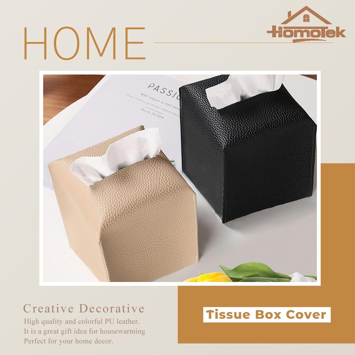 HOMOTEK 2 Pack Tissue Box Cover, Square PU Leather Tissue Holder, Decorative Facial Tissue Cube Paper Organizer Dispenser for Bathroom, Night Stands, Desk, Car 5X5X5'' - Beige, Pebble Grain