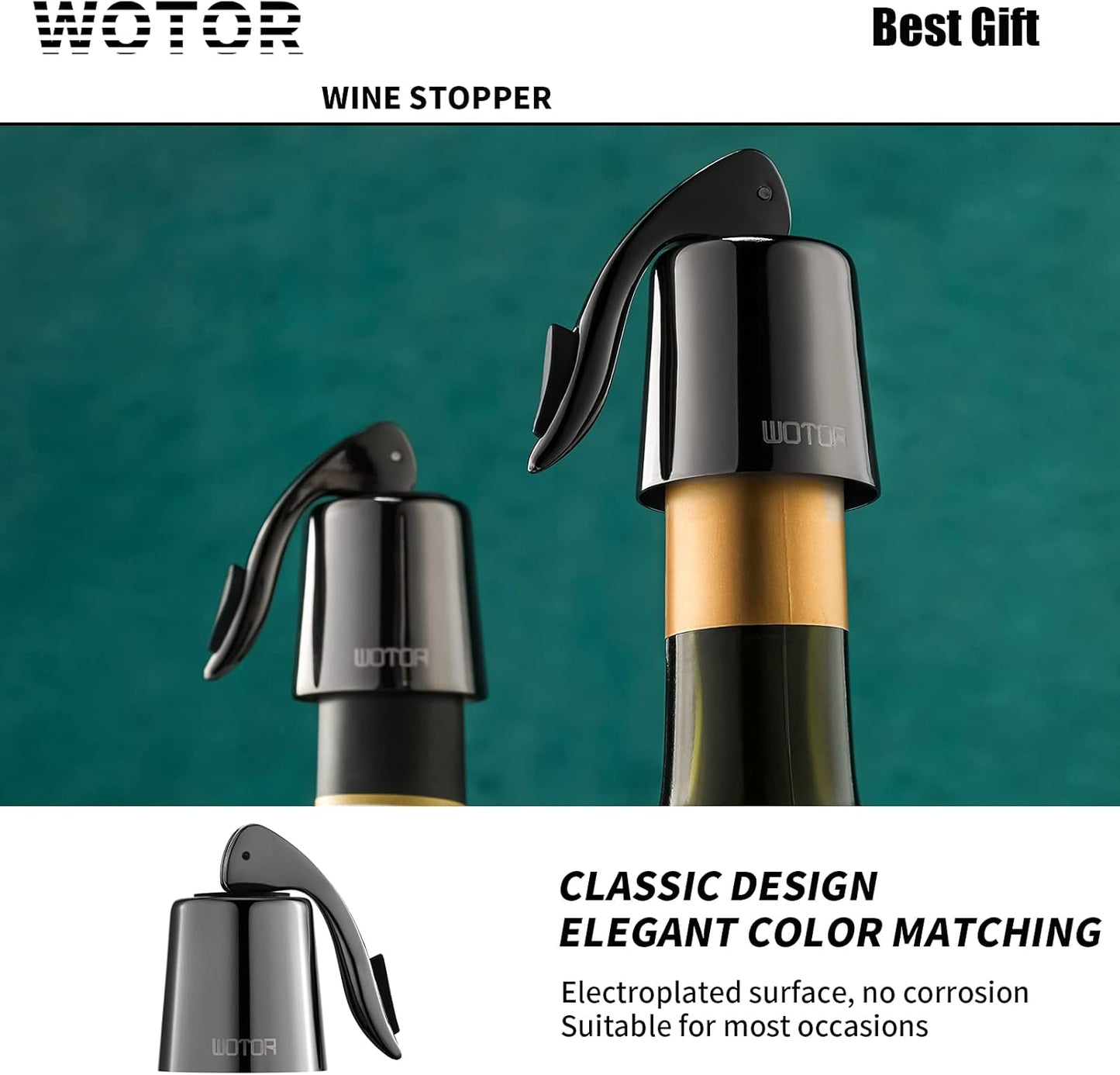 WOTOR Wine Stoppers Stainless Steel Wine Bottle stopper Plug with Silicone Reusable Wine Saver Leak proof Keep Fresh Metalblack 3 Pack