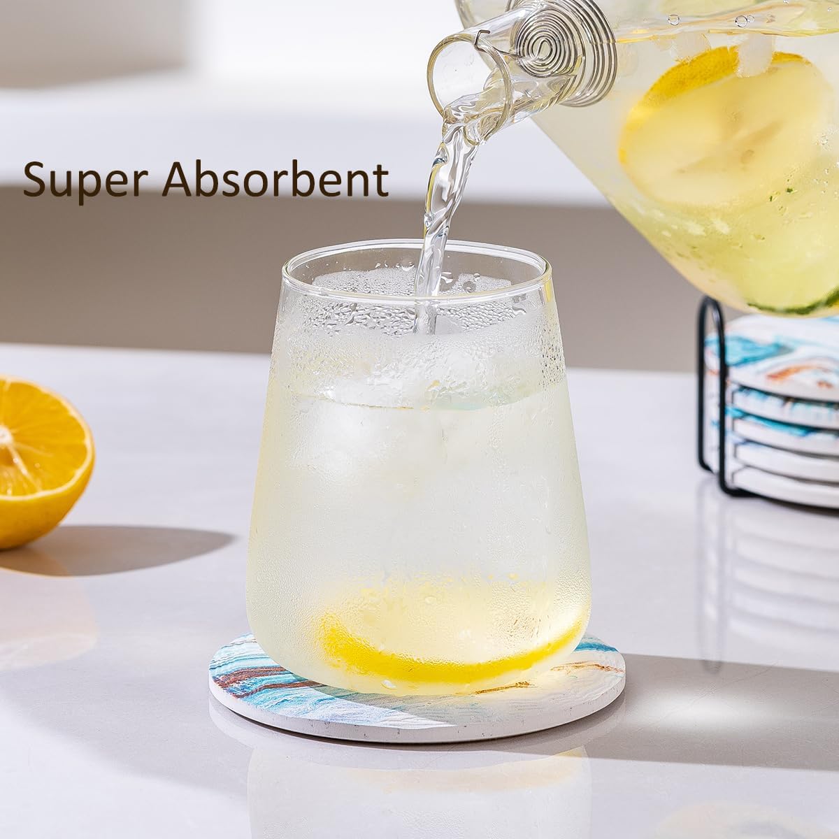 Marble Coasters with Holder Set of 6, Blue Marble Abstract Ceramic Coasters for Drinks, Housewarming Birthday Gifts,