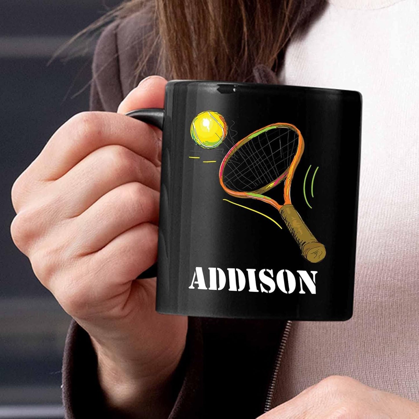 Personalized Tennis Coffee Mugs Cups With Name, Customized Tennis Sport Player Coffee Cup Gifts For Team Coach Tennis Lover, Tennis Ball Black Ceramic Mug 11 Oz 15 Oz, Tennis Players Travel Mug Gift