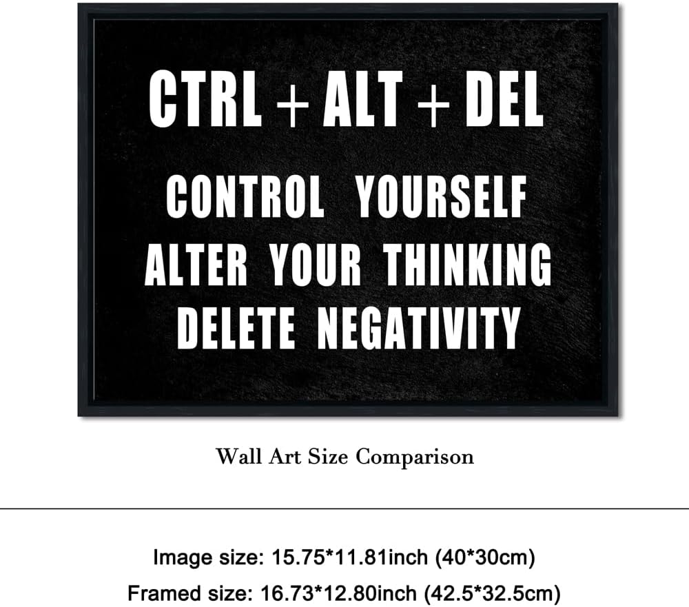 Pyradecor Black Framed Canvas Wall Art Motivational CTRL+ALT+DEL Classroom Positive Quotes Inspirational Poster Canvas Prints for Office Home Decorations