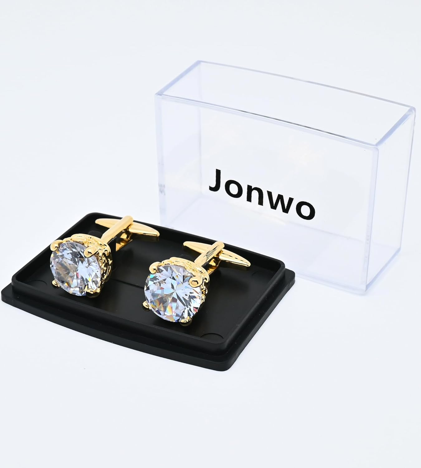 Polyhedral Zircon Gemstone Cufflinks for Men In Gift Case Round Golden/Silver Zircon Crystal Men's Cufflinks Set for Wedding Party Anniversary Business Events Dress