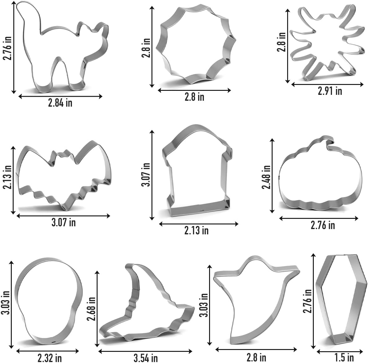 Halloween Cookie Cutters Set 10pcs - Ghost, Bat, Pumpkin, Witch Hat, Cat, Skull, Spider, Spider Web, Coffin, Tombstone Shapes, Stainless Steel Metal Biscuit Molds for Baking or Party Decorations