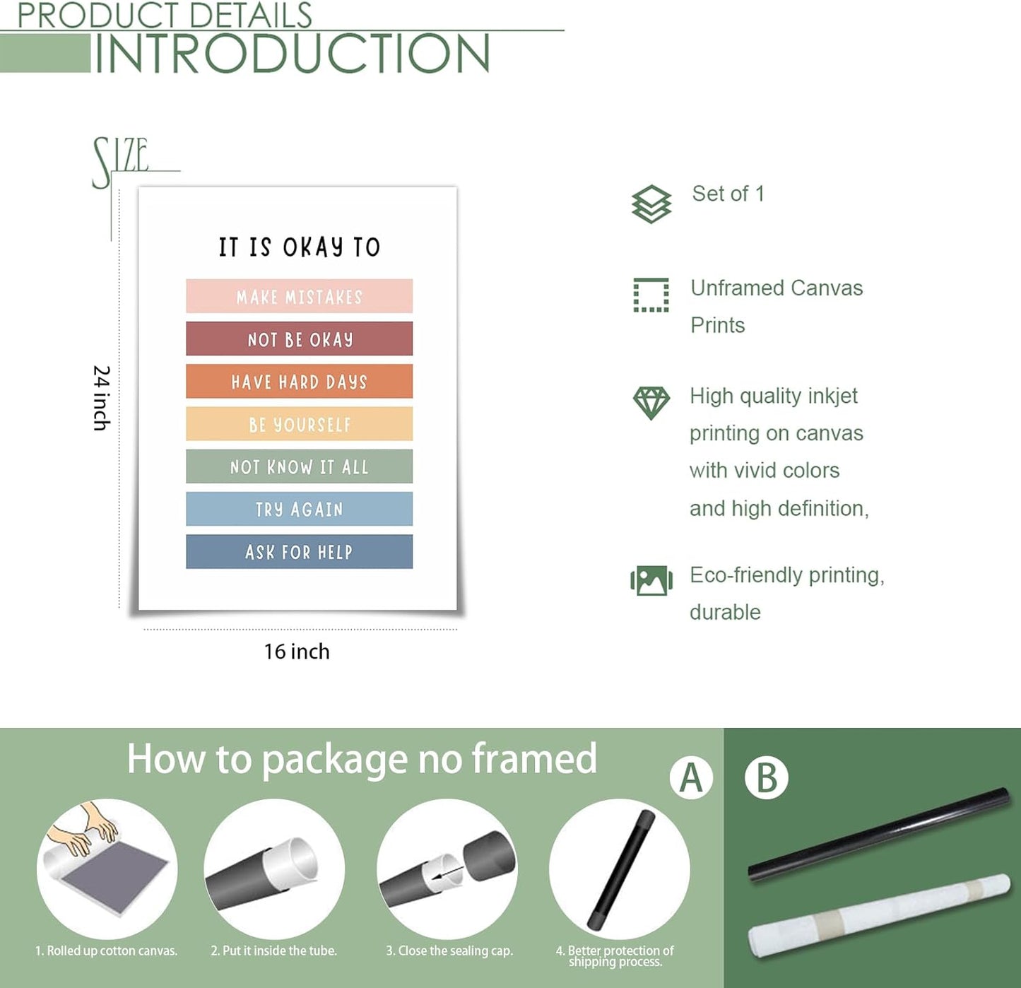 uoyien Growth Mindset Mental Health Posters Boho Classroom Playroom Therapy Office Decor Affirmations Quotes Canvas Wall Art Kids Educational Prints For Calming Corner Decoration 16x24in Unframed