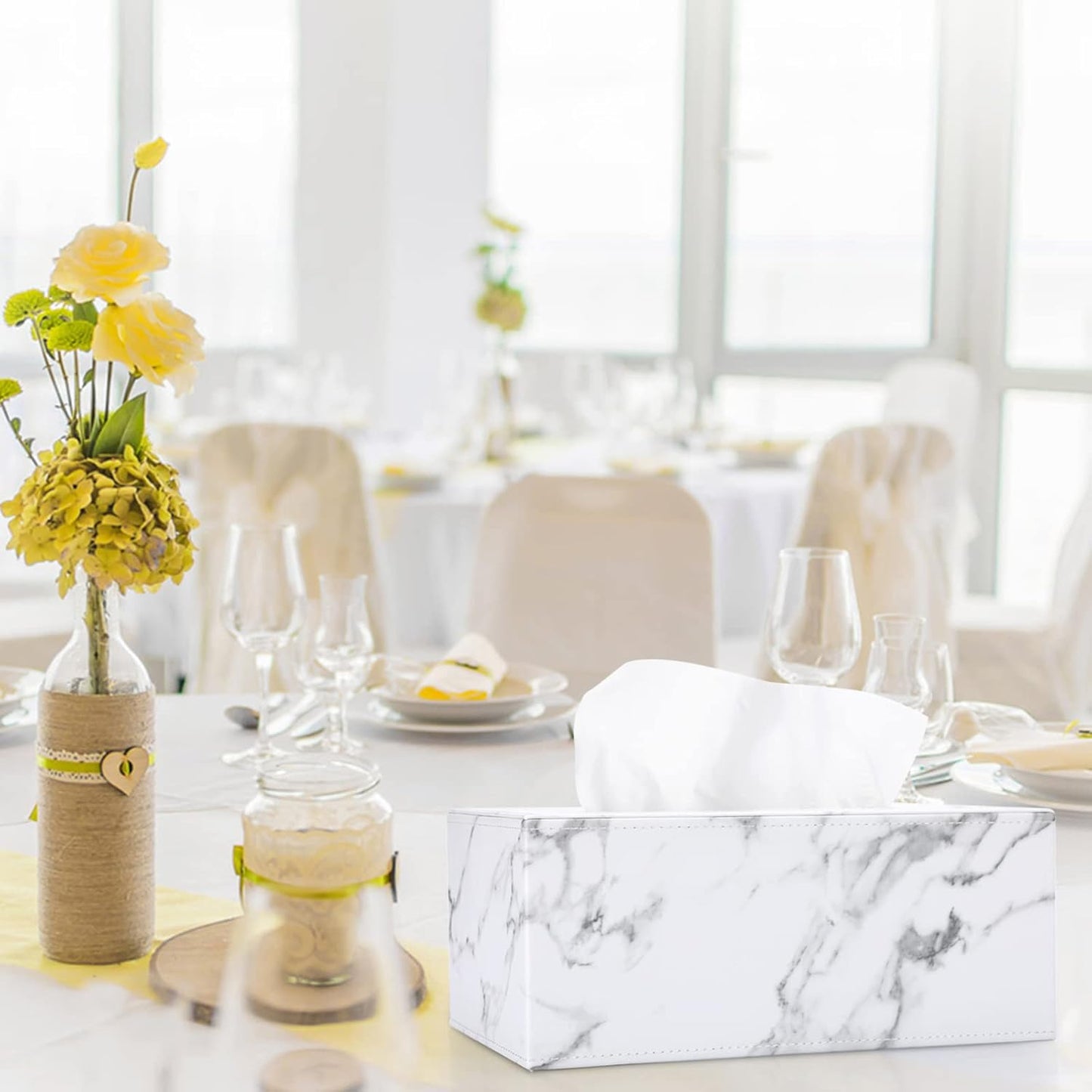 Sumnacon Rectangular Leather Tissue Box Cover - Stylish Tissue Box Holder with Magnetic Bottom, Decorative PU Tissue Box for Vanity Dresser Night Stand Table Countertop Home Office Car, Marble White