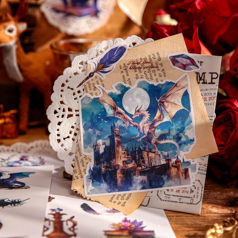 Pre-Cut Dragon and Witch Sticker Book Set, 40 Pages of Fantasy Ephemera for Scrapbooking, Journaling, DIY Crafting, and Art Supplies