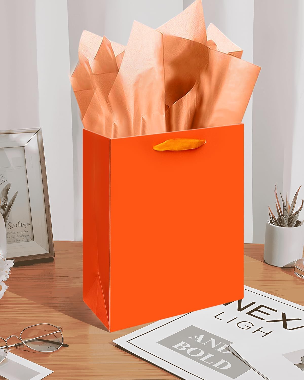 Gcardist Dark Orange Gift Bags with Tissue Paper for Wedding, Birthday, Party Supplies-7.9"x4.3"x9.6" Medium Size Cardboard Gift Bags(5pcs Bags +10pcs Tissue Paper )