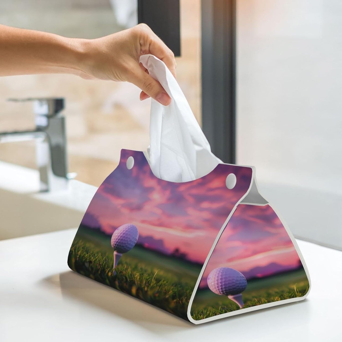 Tissue Box Cover Sports Golf Ball Rectangle PU Leather Tissue Box Holder for Car Bathroom Bedroom Desk Tabletop Decor