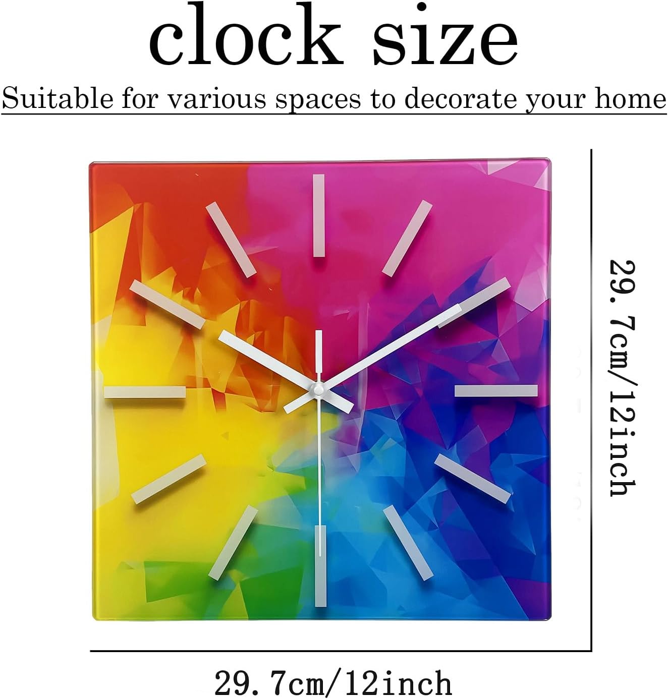 Square Glass Wall Clock Silent Analog Wall Clocks Battery Operated 12 Inch Colorful Wall Clock for Bedroom Living Room Office Classroom