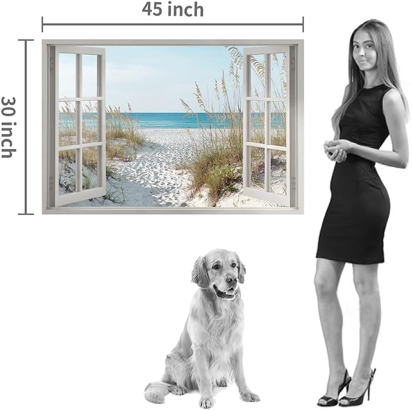 beach wall art window picture: coastal canvas artwork seascape scene prints looking out fake window wall decor for bedroom 45"x30"