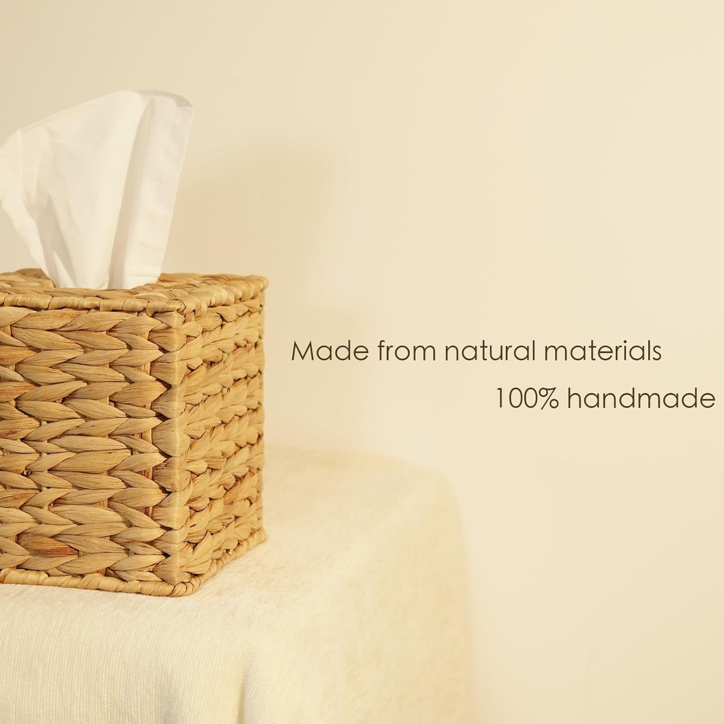 PINXIURY Water Hyacinth Handwoven Tissue Box Cover, Natural Handmade Wicker Napkin Box Holder, Handcrafted Square Facial Tissue, Rustic Decorative on Table and Bathroom, Office, Boho Decorative